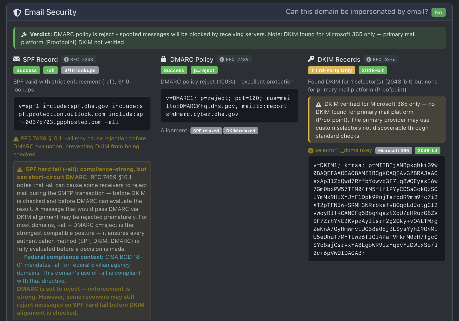 DNS Tool record showing CISA DMARC, SPF, and DKIM enforcement