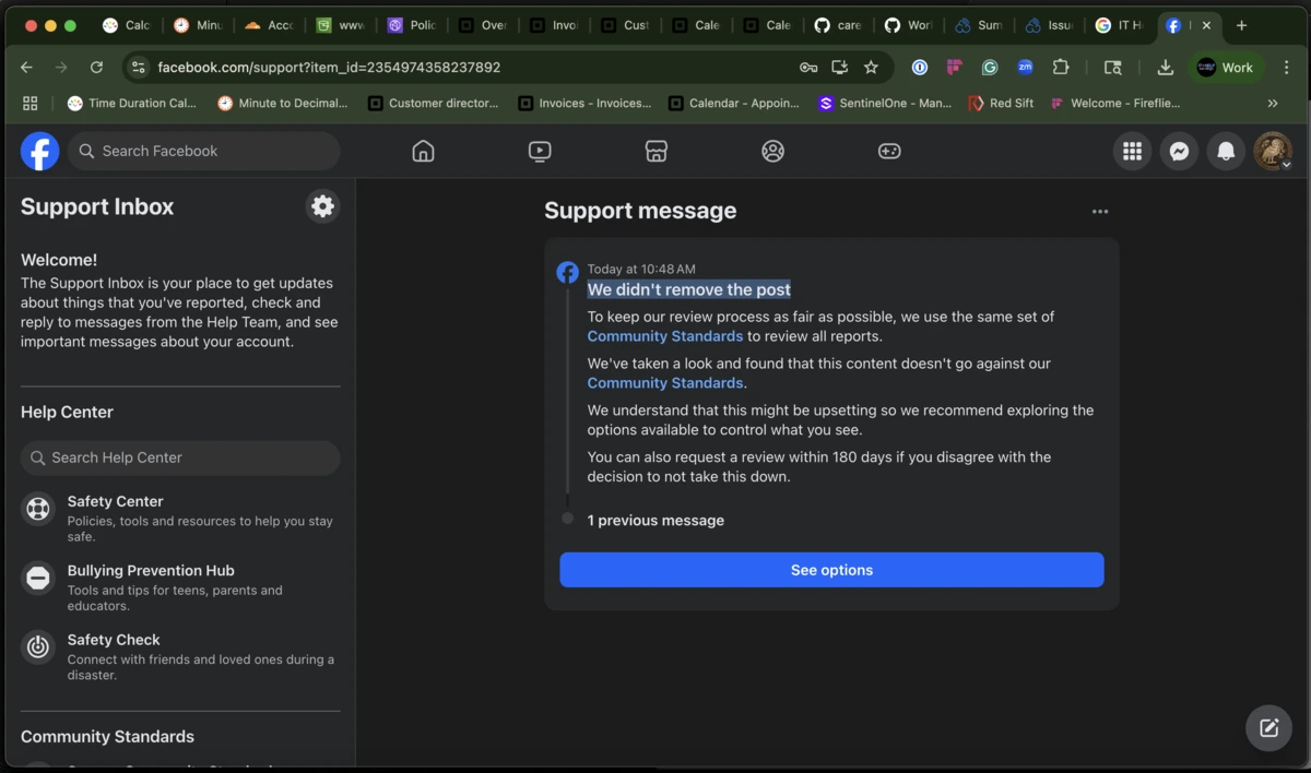 Facebook claims the scam post does not violate Community Standards.