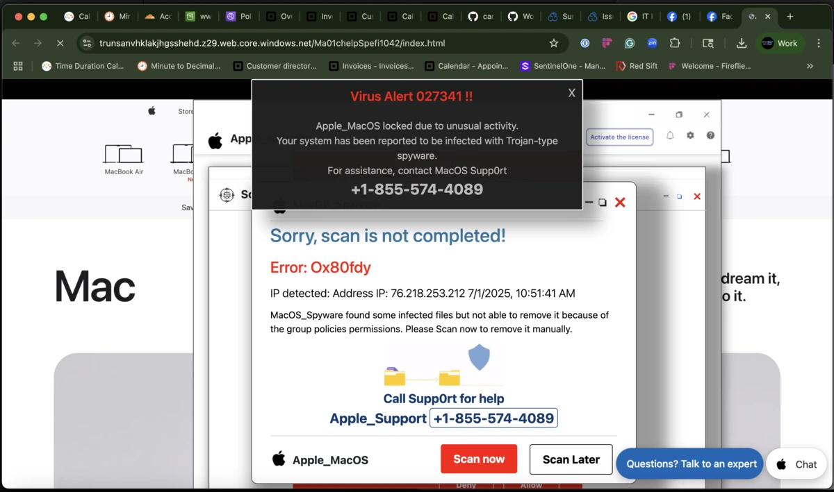 Fake Apple virus‑alert pop‑up that hijacks the browser and urges a call to fake support.