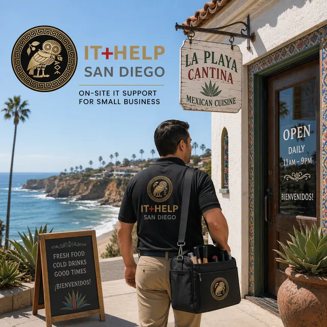 IT Help San Diego technician arriving on-site at a La Jolla coastal small business, branded polo and diagnostic kit in hand, ocean and palms in the background.