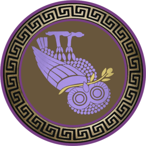 METACOGNITIVE owl: the Owl of Athena reflected top-to-bottom, amethyst—an audit of the observer's own frame.