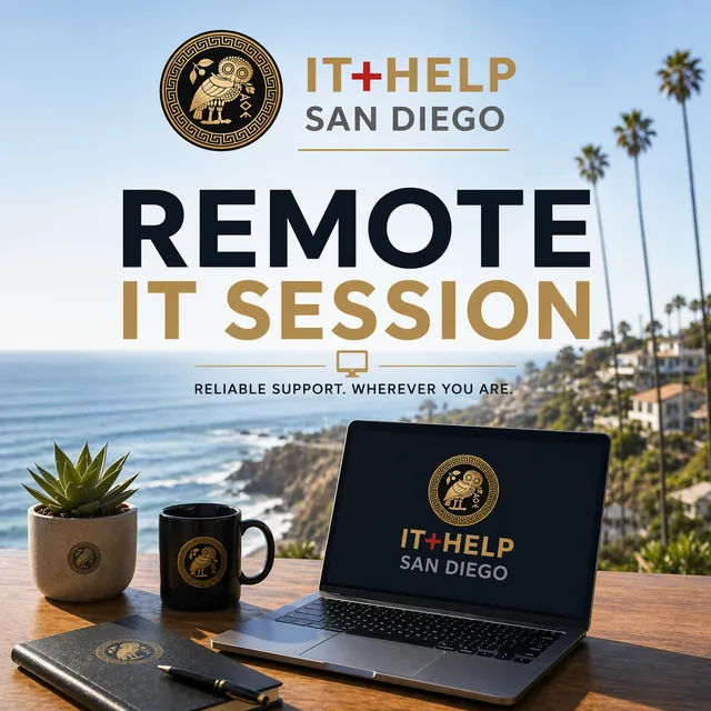 Secure Remote IT Session workspace overlooking the Pacific: laptop with the IT Help San Diego brand on screen, branded mug, notebook, and a coastal La Jolla view.